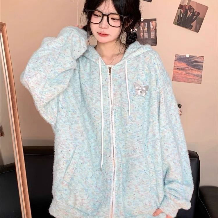 Retro butterfly cardigan breast sweatshirt for women autumn trendy brand loose lazy couple knitted hooded