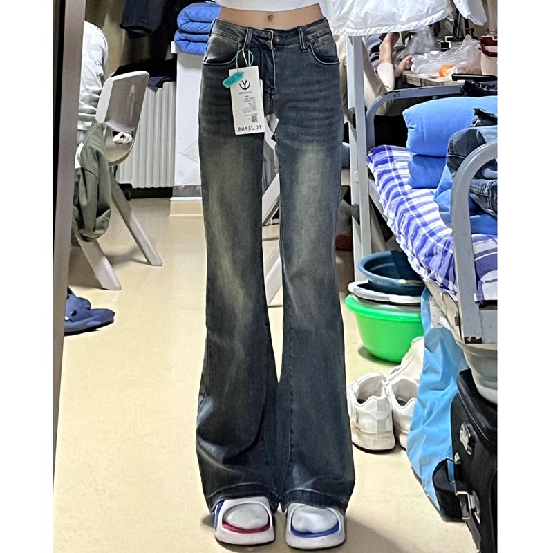美式復古做舊微喇叭牛仔褲女春季小個子高腰彈力直筒顯瘦拖地長褲