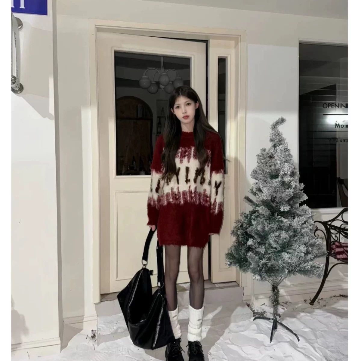 聖誕氛圍感紅色中長款毛衣女秋冬寬鬆外穿甜美減齡撞色針織衫上衣