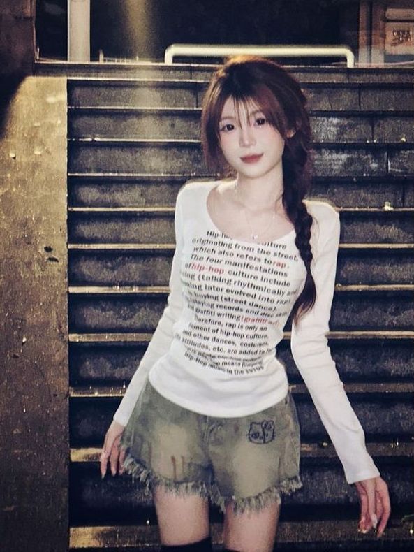 秋冬2023新款修身顯瘦打底衫美式設計感上衣辣妹U領長袖德絨T恤女