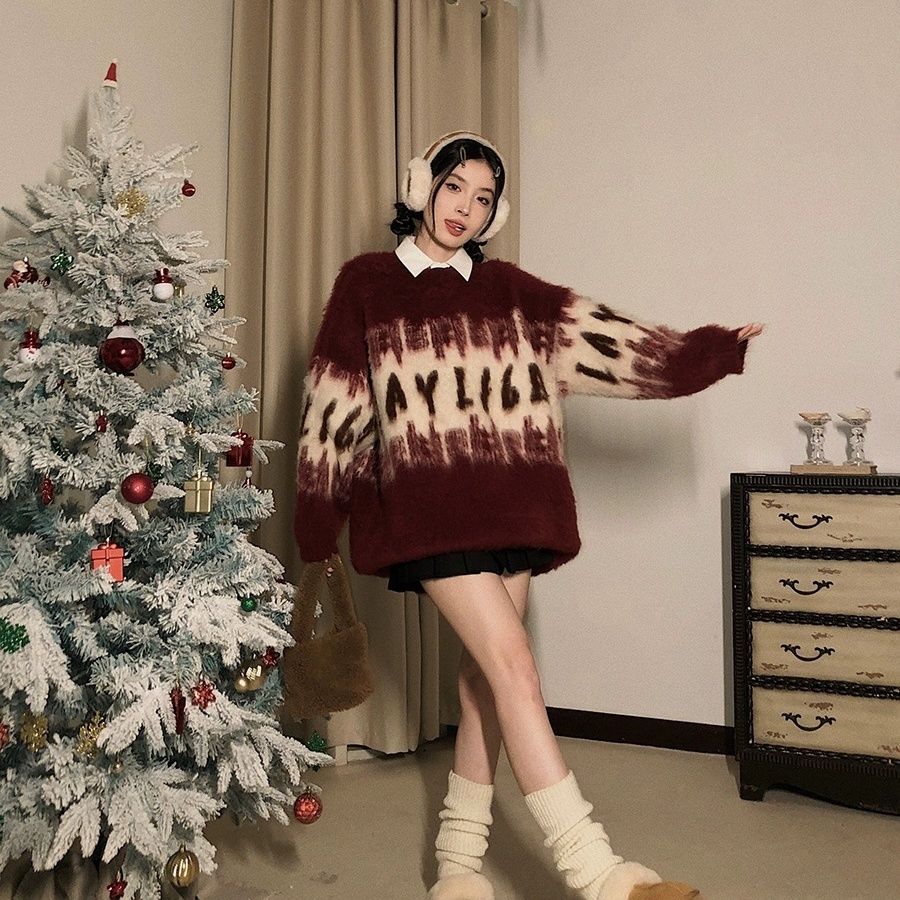 紅色圓領毛衣女秋冬美式寬鬆慵懶風撞色設計感針織外套