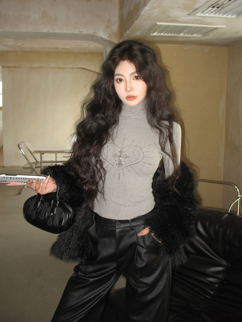 辣妹德絨燙鑽高領秋冬長袖內搭打底衫女純欲風修身顯瘦t恤上衣潮
