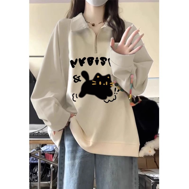polo領衛衣女秋冬季加絨2023年新款韓版寬鬆加大碼半拉鏈貓咪印花