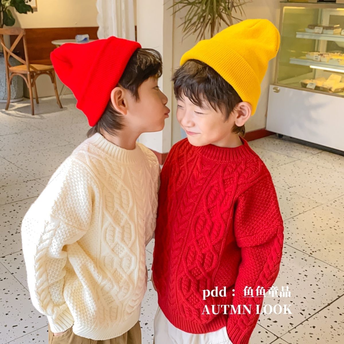 秋冬季加厚红色新年男童毛衣经典麻花红色儿童套头保暖毛衣针织衫