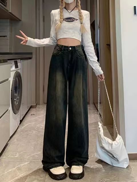 高腰復古直筒牛仔褲女秋冬新款寬鬆顯瘦褶皺垂感做舊闊腿拖地褲子