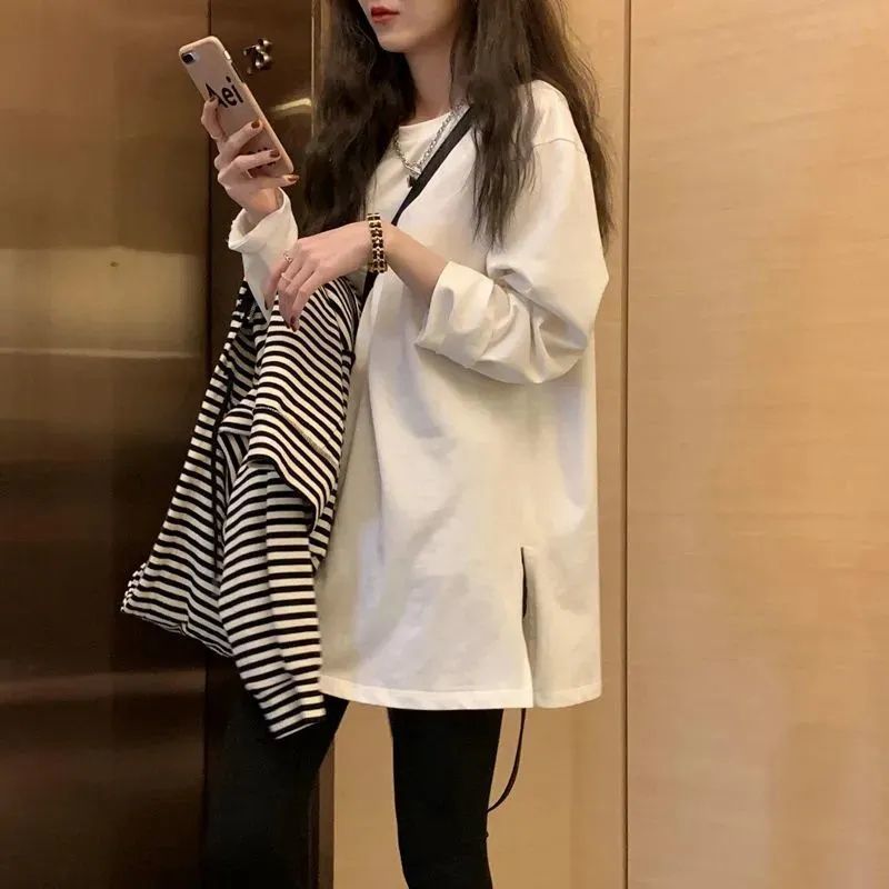 德絨白色開叉長袖t恤女加絨打底衫女內搭秋冬新款寬鬆中長款上衣
