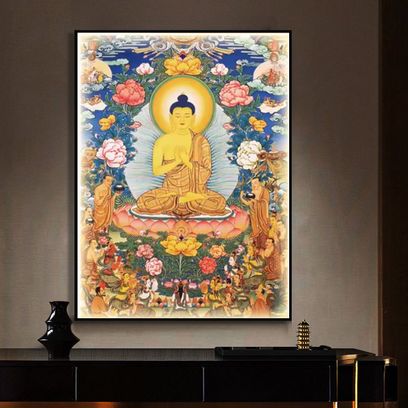 释迦牟尼佛像画唐卡挂画藏族客厅供桌佛祖壁画佛堂背景装饰画带框 5