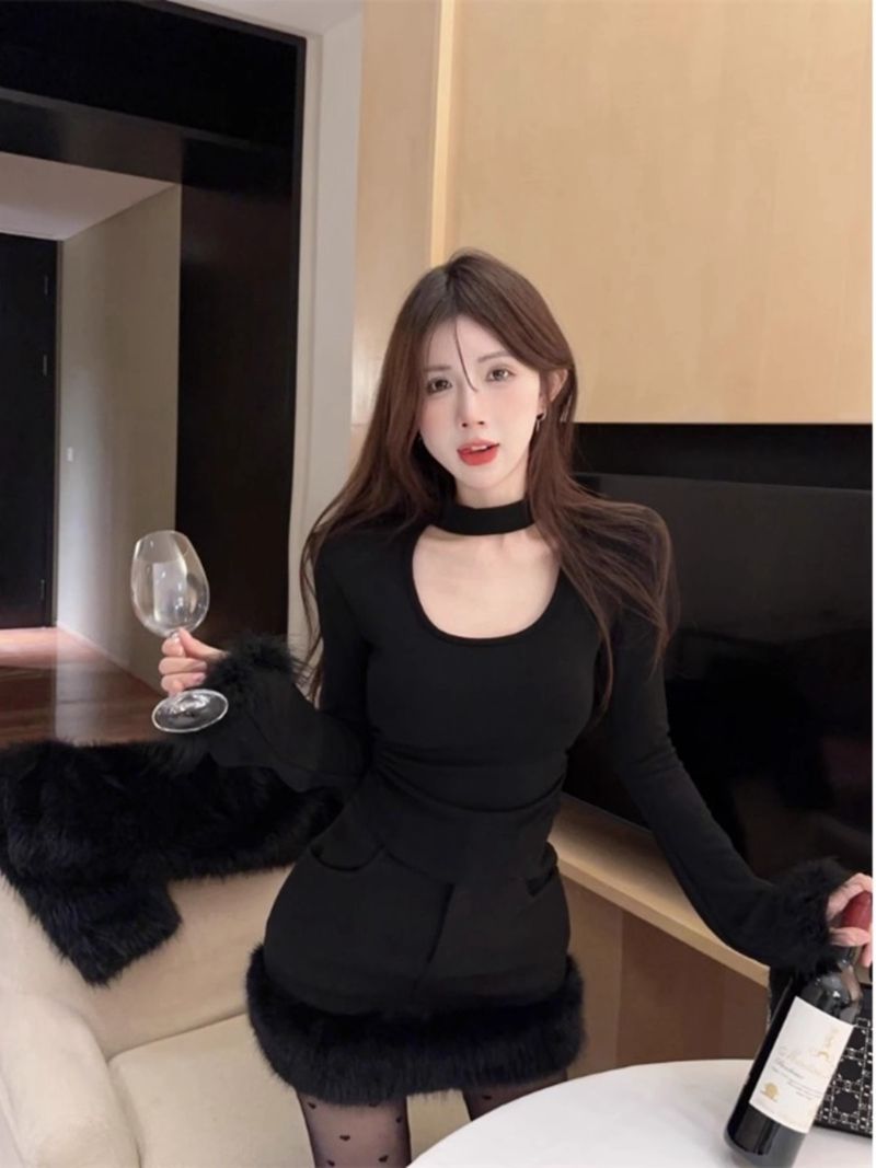 秋冬甜辣妹獨特别致修身短款鏤空掛脖長袖上衣高級感打底衫女內搭