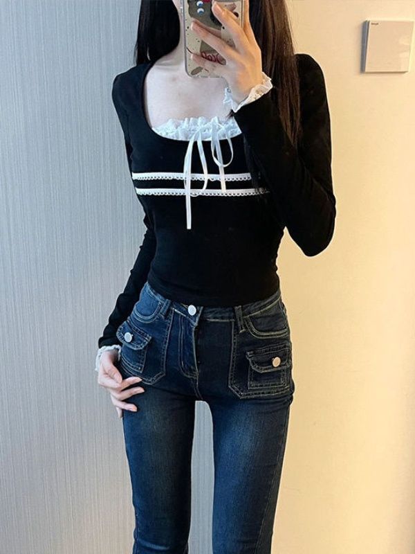 法式方領蕾絲拼接長袖t恤女秋冬純欲甜辣修身顯瘦收腰打底上衣潮
