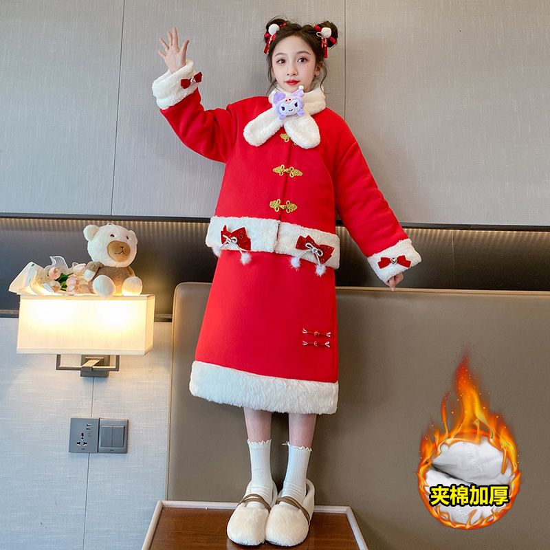 Girls' small fragrant style New Year's greetings suit winter 2023 new children's quilted princess dress big children's red New Year's clothing