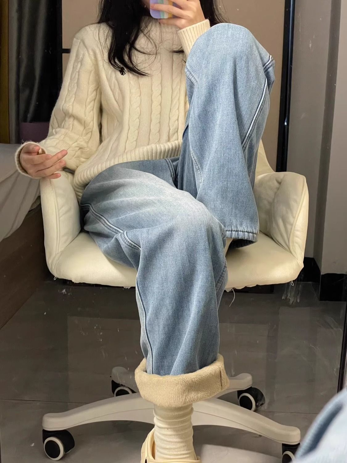 淺藍色水洗加絨保暖褲子寬鬆直筒牛仔褲女秋冬新款高腰顯瘦闊腿褲