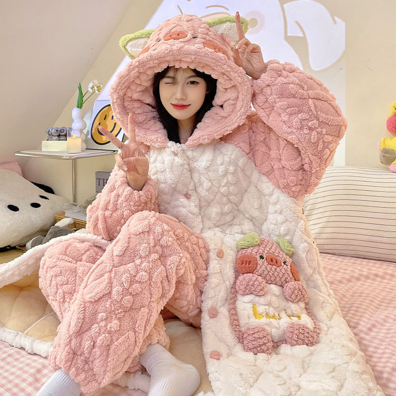 New pajamas for women winter coral velvet three-layer quilted extra thick nightgown cute warm bathrobe teenagers home clothes