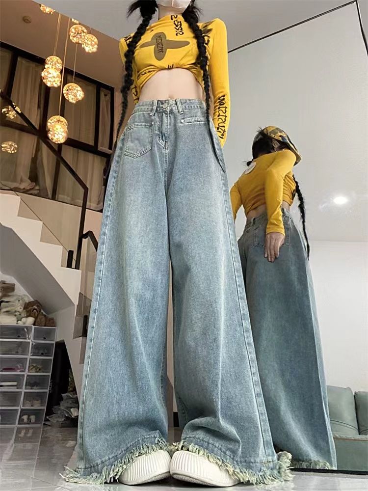 高街辣妹毛邊設計大闊腿牛仔褲女秋冬款高腰寬鬆顯瘦垂感拖地褲子