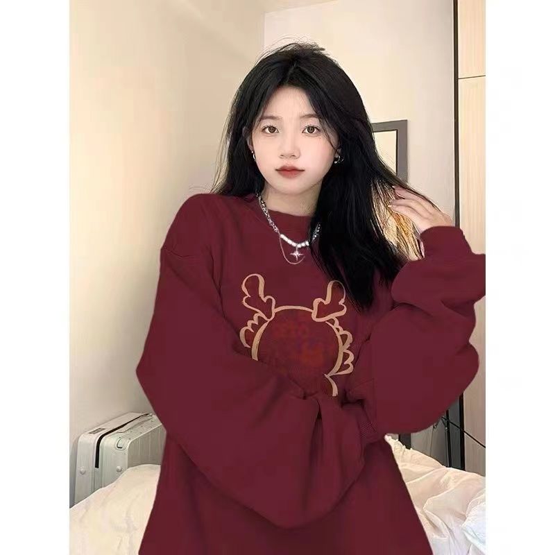 圓領顯瘦衛衣女小個子秋冬款酒紅色加絨外套2024新款龍年衣服女裝