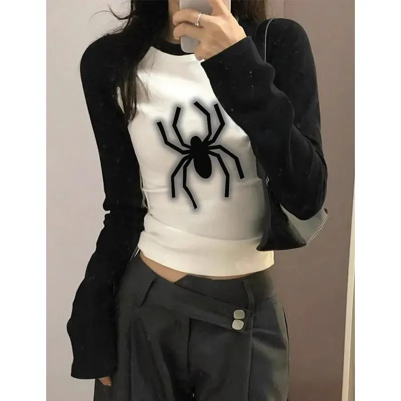 氣質時尚百搭打底上衣圓領顯瘦短款ins小眾拼接設計感加厚長袖t恤