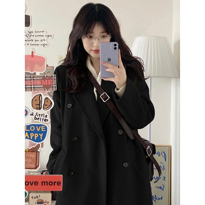 Black woolen coat for women 2023 autumn and winter quilted thickened Korean style Hepburn style small high-end woolen coat