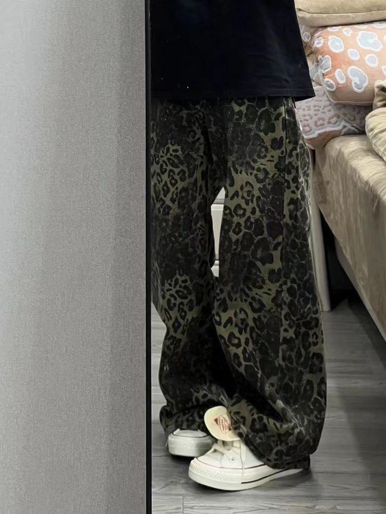 美式復古豹紋闊腿牛仔褲女秋冬款高街設計感寬鬆顯瘦高腰直筒褲子
