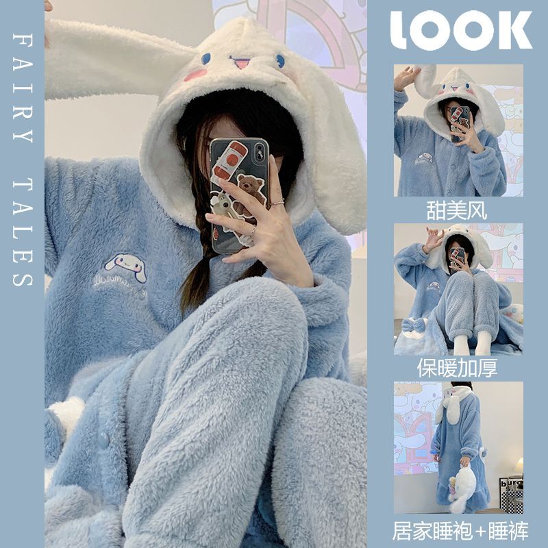 珊瑚絨可愛玉桂狗睡衣女冬季爆款加絨加厚保暖學生睡袍家居服套裝