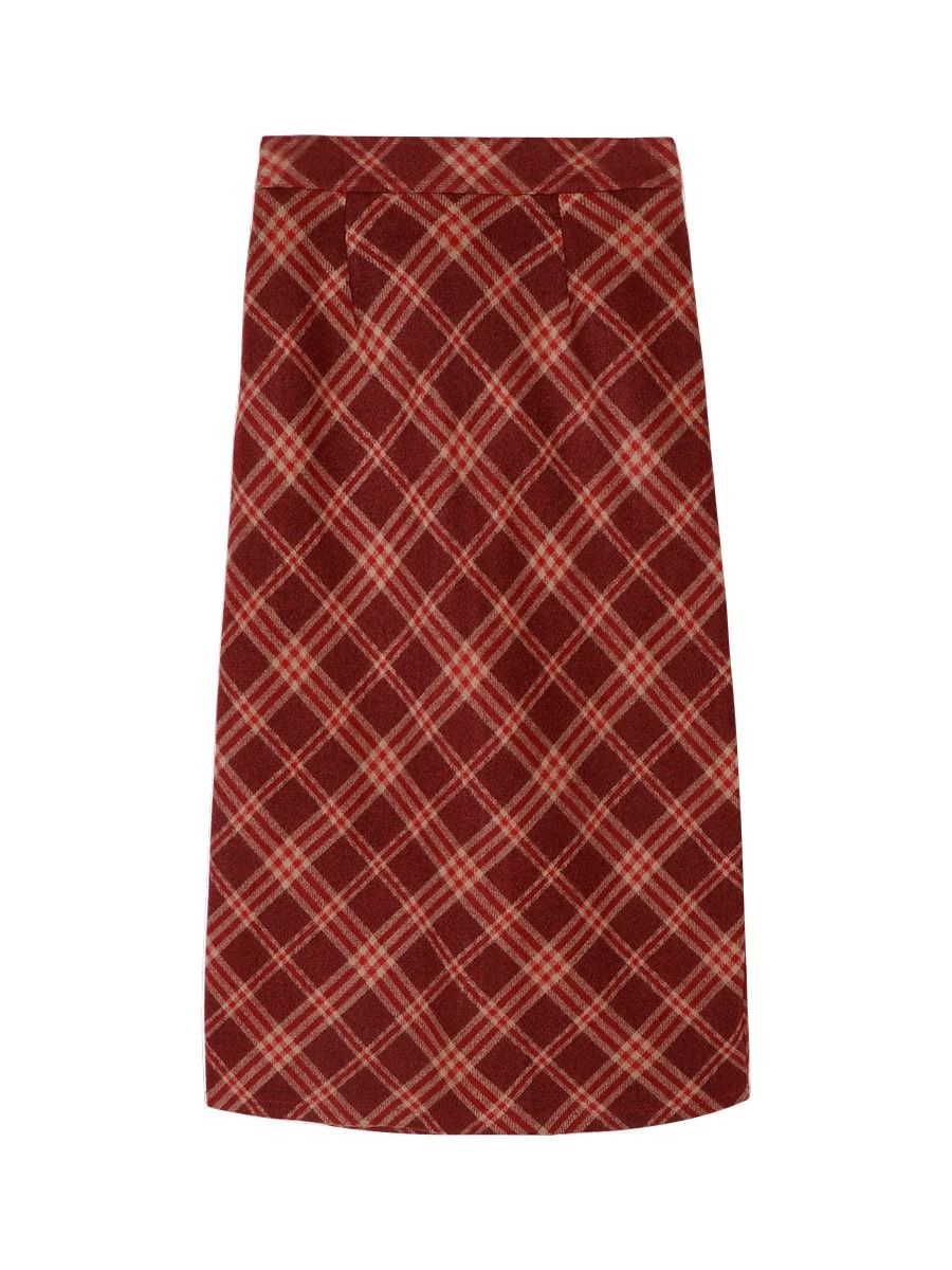 Red retro large size woolen skirt mid-length  autumn and winter A-line American red plaid flesh-covering skirt