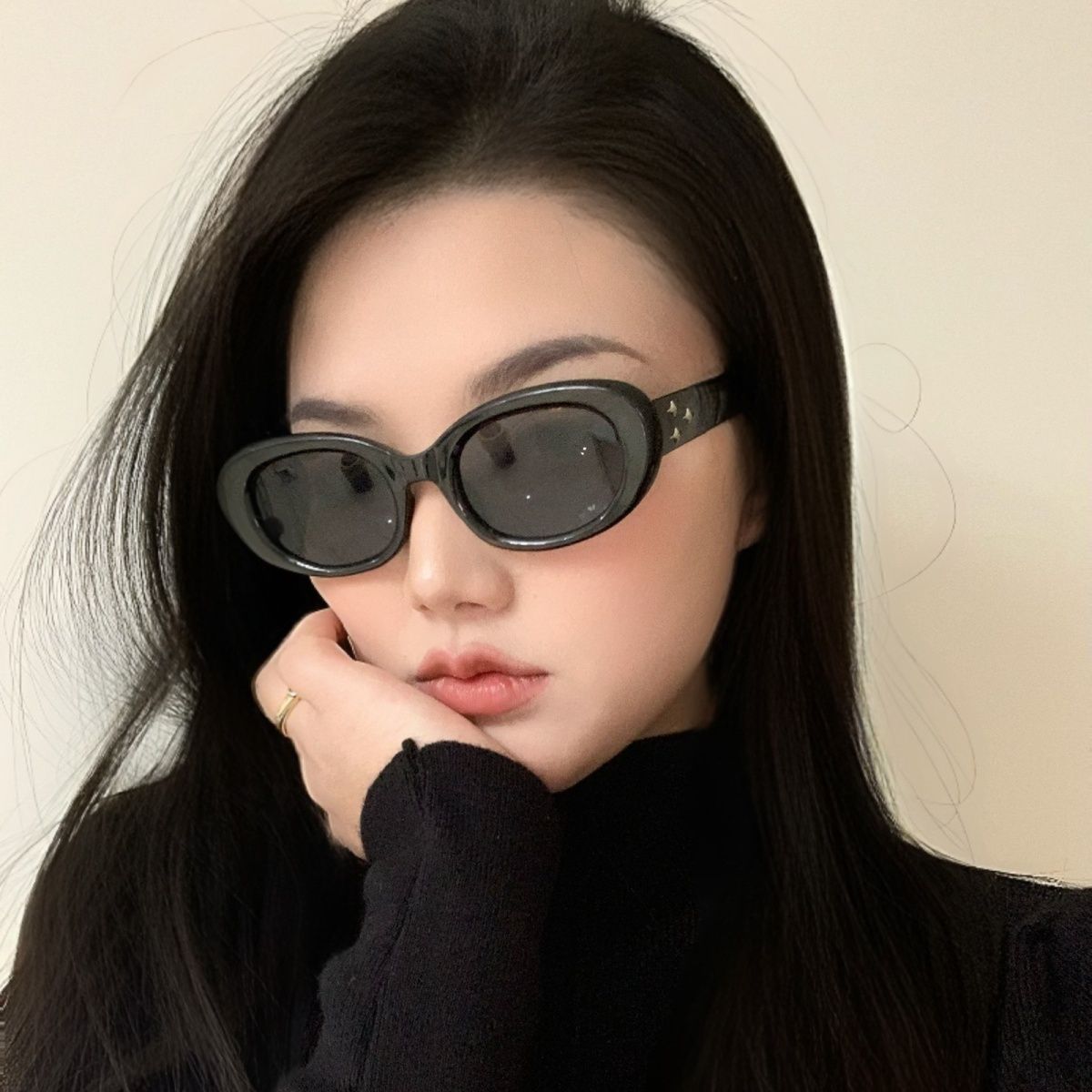 女生小眾復古感墨鏡橢圓形星星太陽鏡千禧辣妹Y2K潮人貓眼眼鏡夏