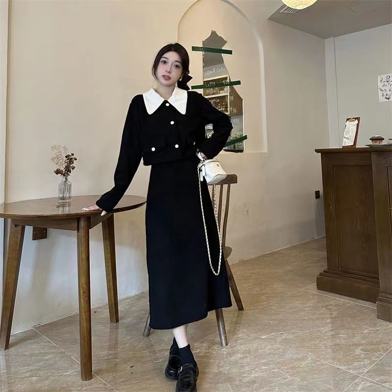 法式復古大碼燈芯絨套裝女秋冬新款小香風外套黑色半身長裙兩件套