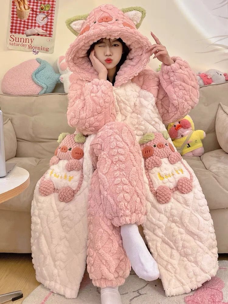 New pajamas for women winter coral velvet three-layer quilted extra thick nightgown cute warm bathrobe teenagers home clothes