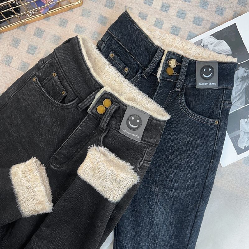 特厚東北加絨棉褲外穿高腰加厚牛仔褲女冬季羊羔毛顯瘦小腳靴褲子