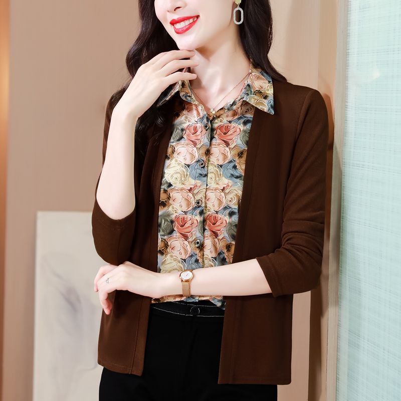 媽媽裝拼接襯衫長袖打底衫女寬鬆春秋新款假兩件洋氣時尚小衫上衣