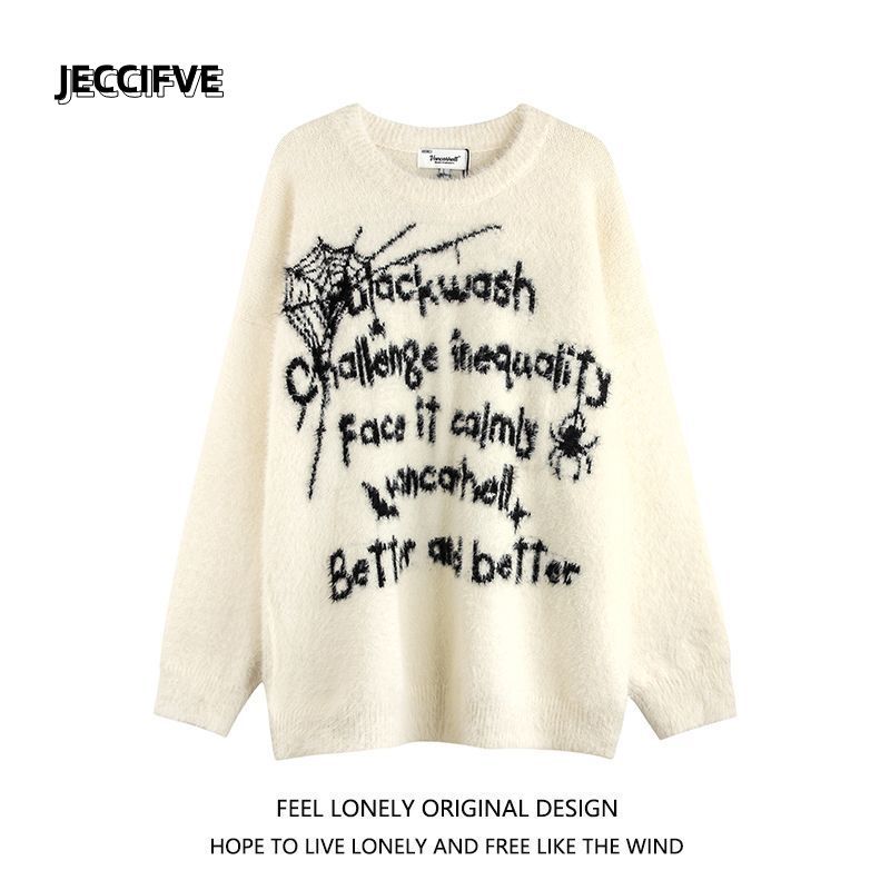 JECCIFIVE美式國潮慵懶風字母套頭針織衫男女秋冬季休閒情侶毛衣