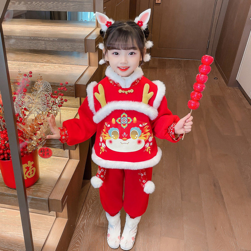 女童拜年服套裝加絨加厚龍年新款表演服寶寶時髦唐裝兒童過年冬裝