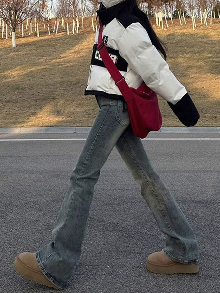 復古微喇叭牛仔褲女冬季新款雙扣子高腰彈力修身顯瘦百搭直筒褲子