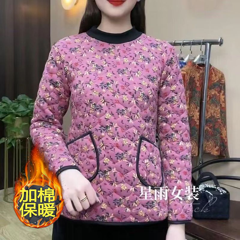 高檔駝絨媽媽裝碎花棉襖中老年女冬季新款套頭棉衣加厚保暖打底衫