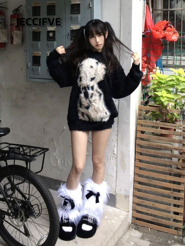 JECCIFIVE秋冬斑點狗提花黑色長袖針織衫男女復古慵懶風軟糯毛衣