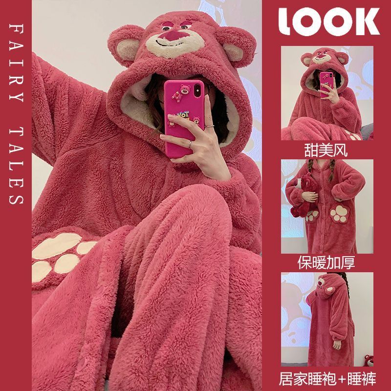 可愛草莓熊珊瑚絨睡衣女秋冬季加絨加厚保暖法蘭絨睡袍家居服套裝