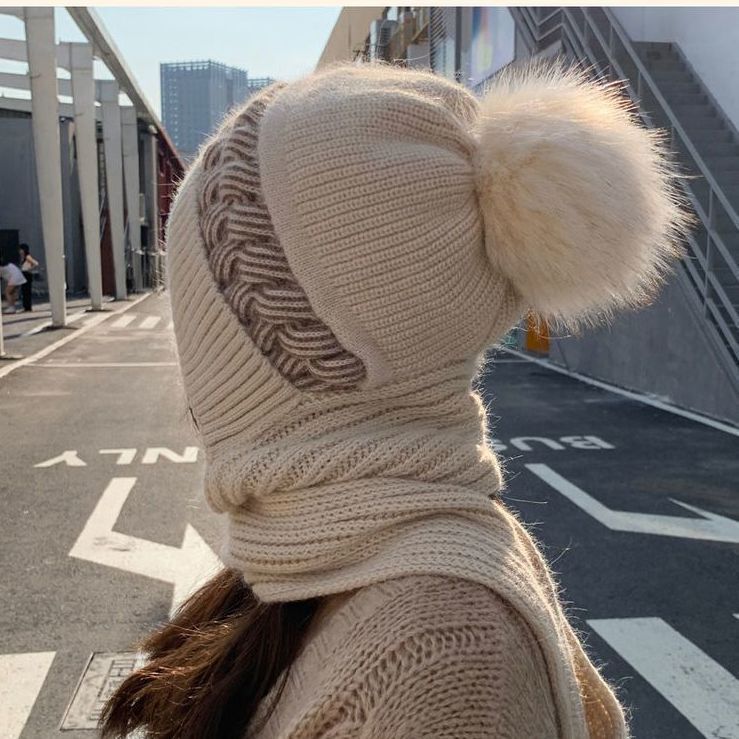毛线帽子女冬季加绒帽子围巾一体加厚包头百搭保暖防风护耳针织帽