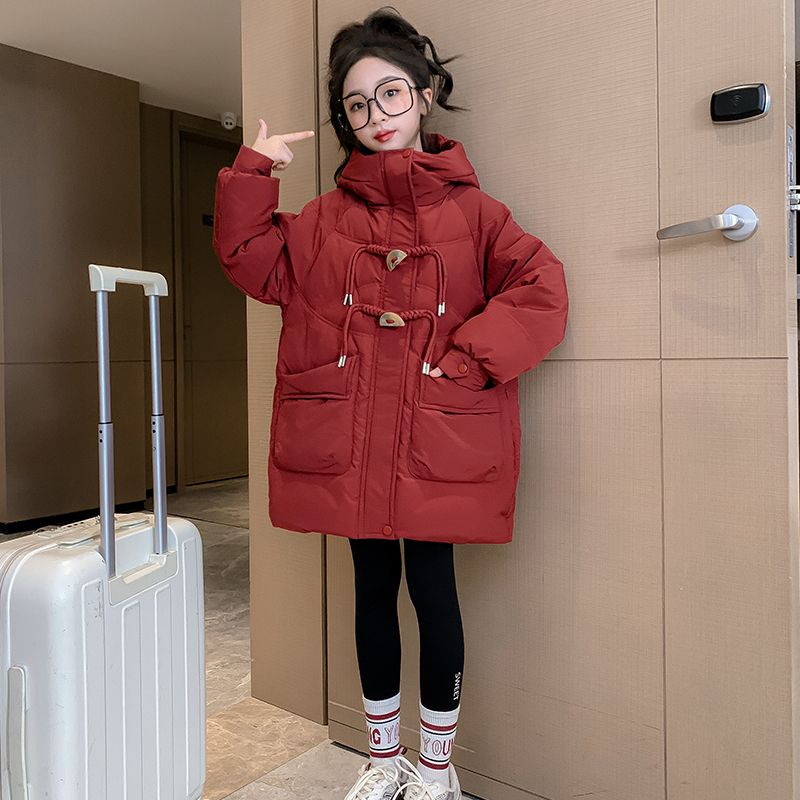 女童冬季羽絨棉服2023新款女大童洋氣中長款棉衣兒童加厚純色棉襖