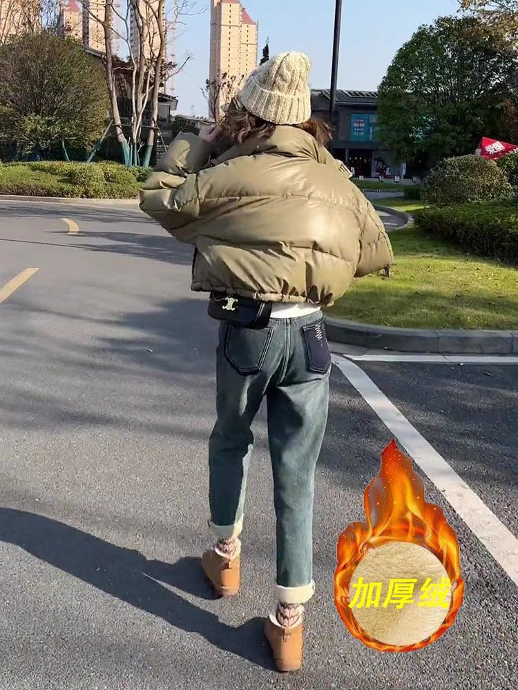 小個子撞色設計哈倫直筒牛仔褲女冬季加絨加厚新款寬鬆顯瘦老爹褲