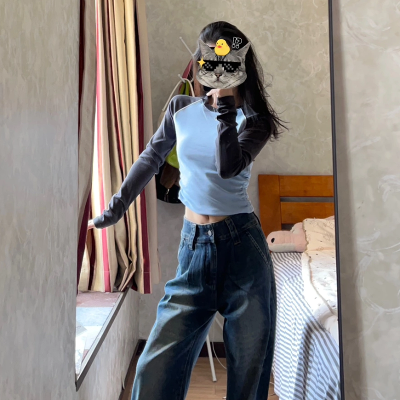 美式復古插肩袖T恤女士秋季新款圓領長袖打底衫修身短款內搭上衣