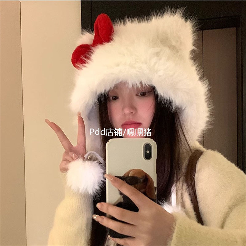Hello~ kitty加厚毛茸茸帽子少女感超萌仿貂絨可愛蓬鬆貓耳朵毛