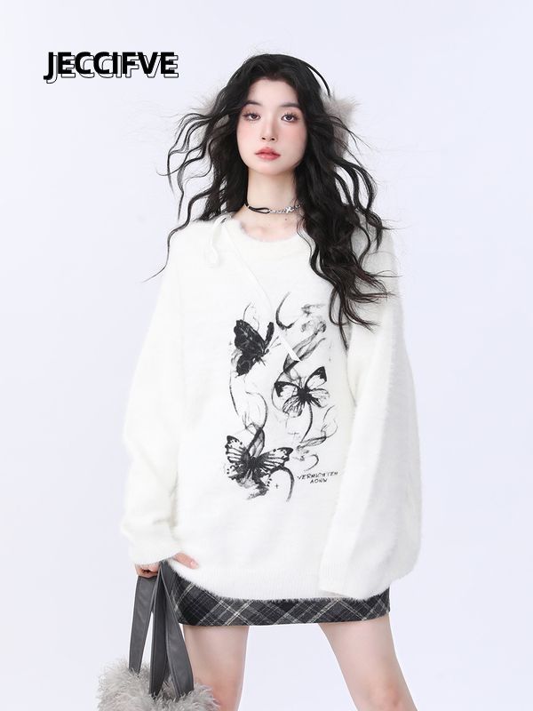 JECCIFIVE秋冬季小眾設計高級感水墨蝴蝶綁帶毛衣男女法式針織衫