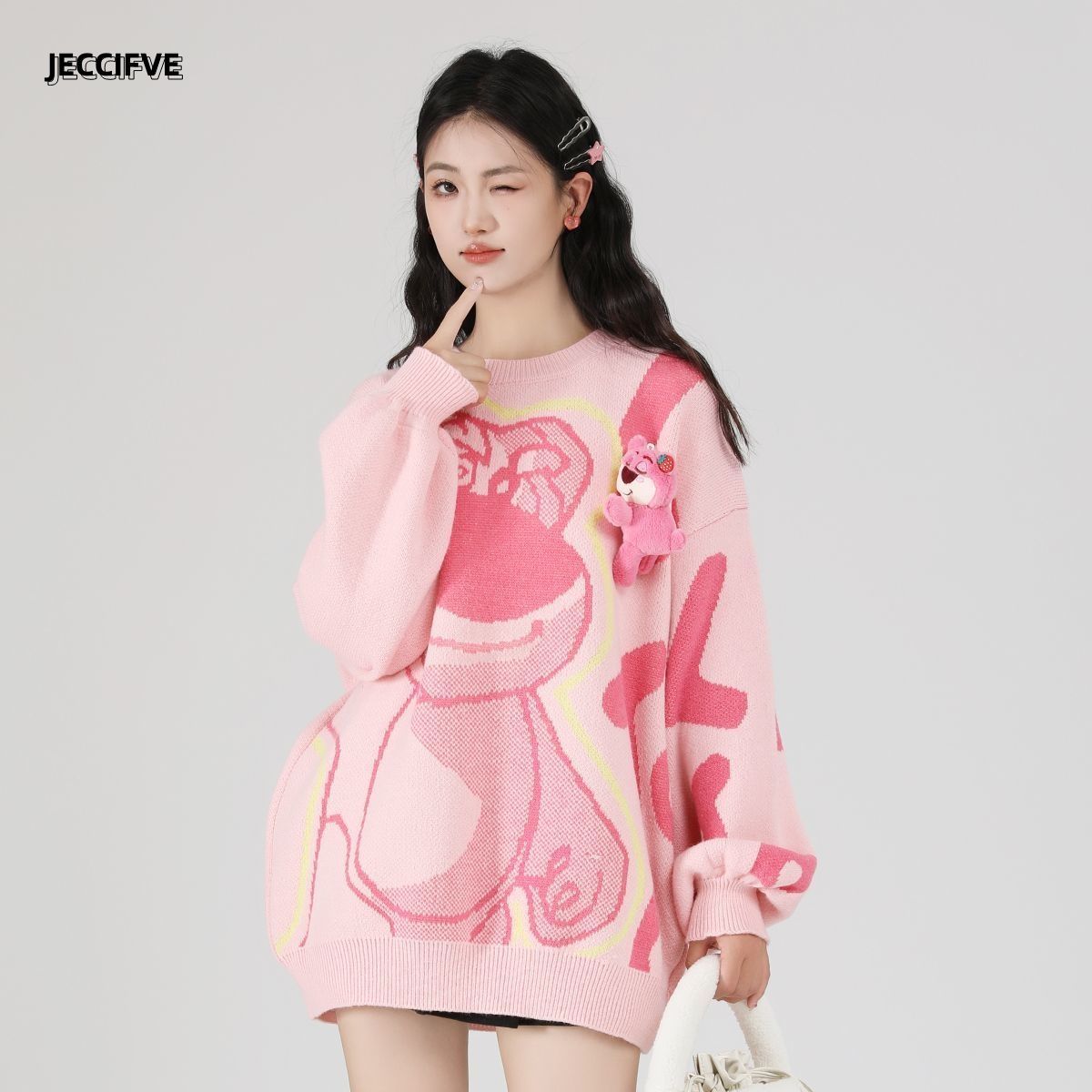 JECCIFIVE秋冬復古溫柔甜美寬鬆慵懶風草莓熊提花毛衣男女針織衫