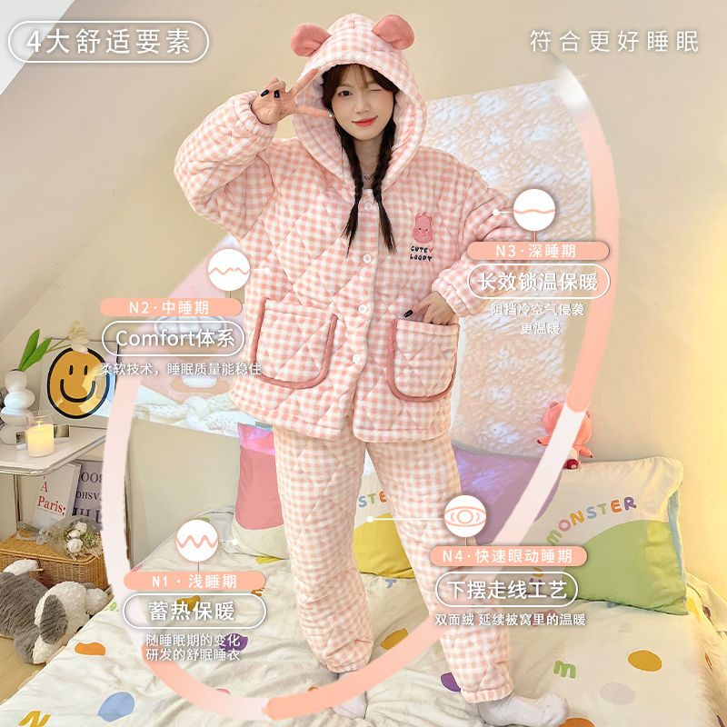 Thick velvet pajamas for women in autumn and winter ins style super thick coral velvet warm and cute three-layer quilted jacket home clothes