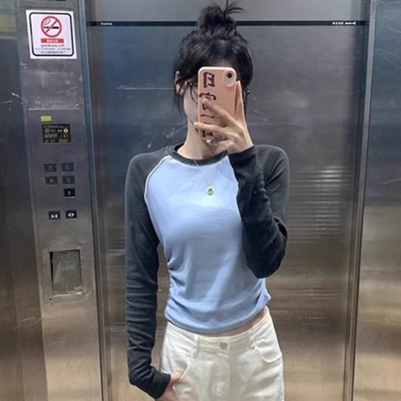 甜辣插肩正肩長袖t恤女春秋純欲小眾設計感別致短款內搭打底上衣