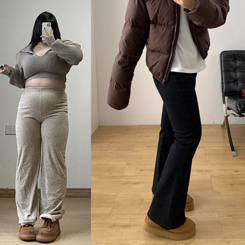 大碼胖mm微喇牛仔褲女秋冬加絨高腰顯瘦梨形身材彈力喇叭馬蹄褲子
