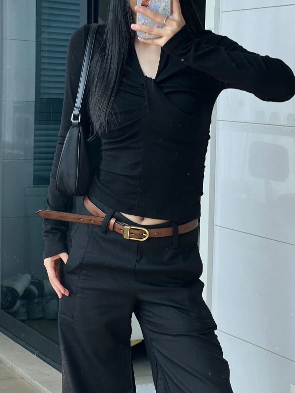 黑色復古辣妹長袖T恤女秋季新款修身顯瘦百搭港味短款打底上衣潮