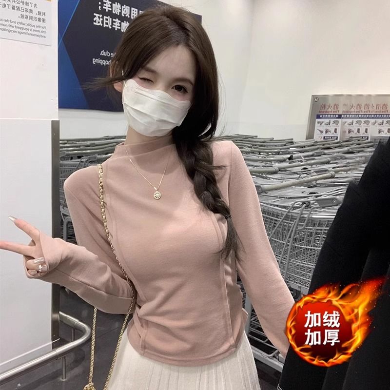 復古德絨半高領打底保暖長袖春秋冬新款魚骨修身T恤短款百搭上衣