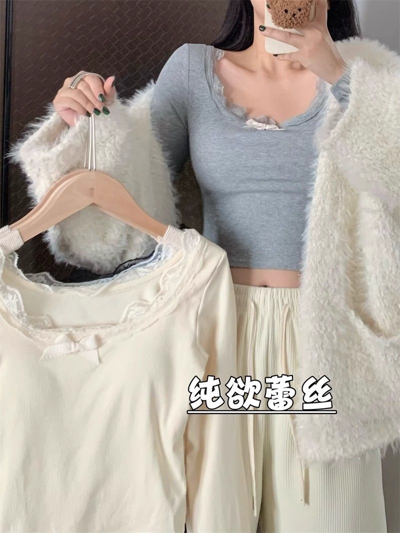 小個子蕾絲邊拼接長袖T恤女春秋冬季新款蝴蝶結純欲短款內搭上衣
