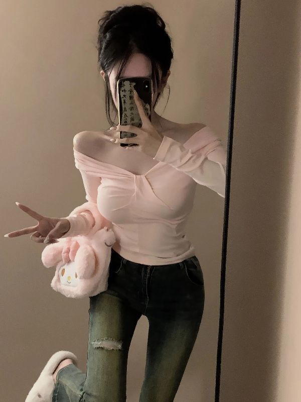美式純欲辣妹粉色長袖t恤女秋季新款打底衫修身顯瘦收腰短款上衣