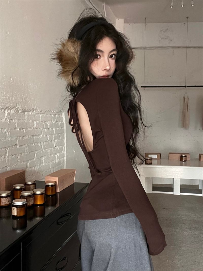 露背時尚鏤空綁帶打底衫長袖T恤女秋冬2023新款氣質修身內搭上衣