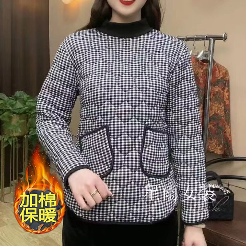 時尚媽媽裝冬季新款駝絨打底衫碎花上衣中老年女套頭貼身棉襖棉衣